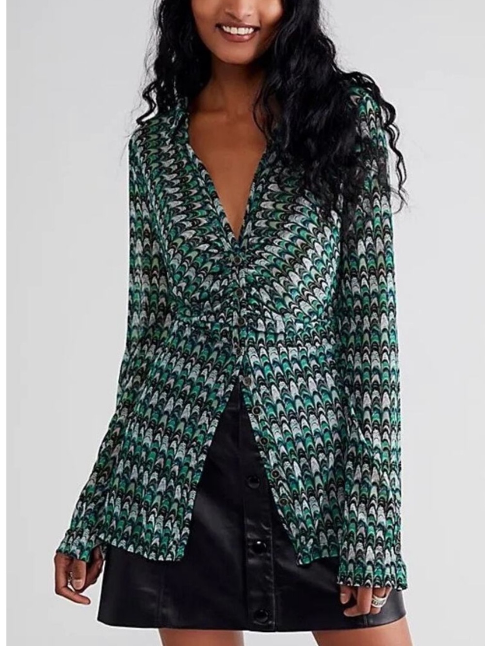 Free People Lucky Shirtee Mesh Ruched Button Front Shirt Green Black Size M